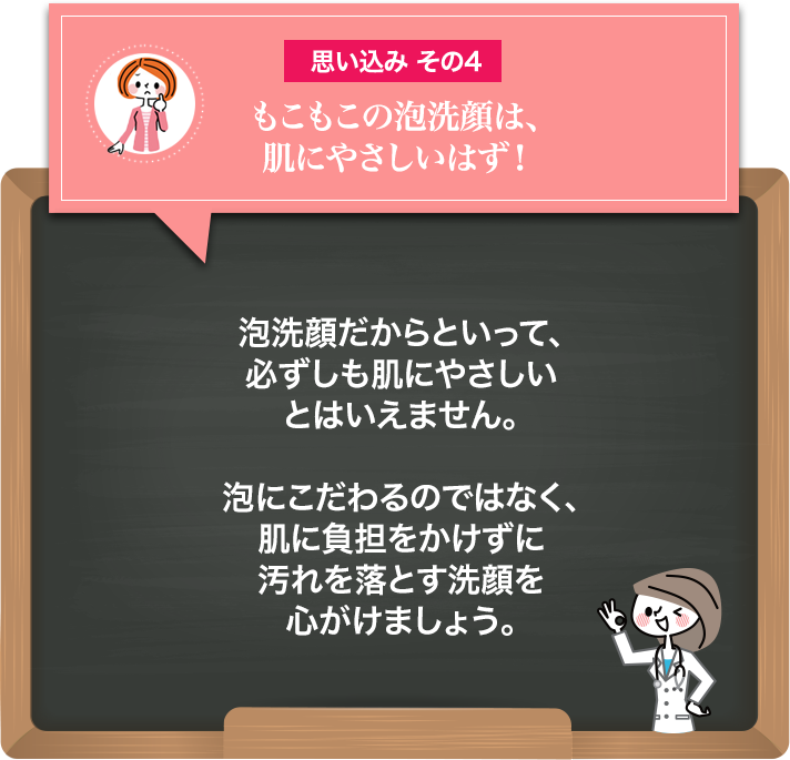 思い込み その4 もこもこの泡洗顔は、肌にやさしいはず！泡洗顔だからといって、必ずしも肌にやさしいとはいえません。