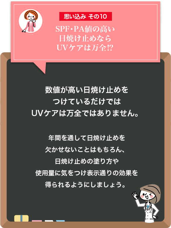 思い込み：SPF・PA値が高い日焼け止めをつけていれば、UVケアは万全！
        答え： SPF・PAの数値は、大きい方を選べば万全ではなく、その日焼け止めの使い方により効果が左右します。塗り方によってはSPF50・PA++++より、SPF30・PA++の日焼け止めの方が高い効果を得ることもあるのです。