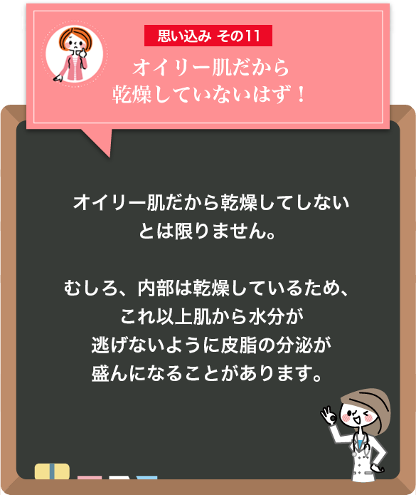 思い込み：オイリー肌だから乾燥していないはず！
        答え：オイリー肌だから乾燥してしないとは限りません。むしろ、内部は乾燥しているため、これ以上肌から水分が逃げないように皮脂の分泌が盛んになることがあります。