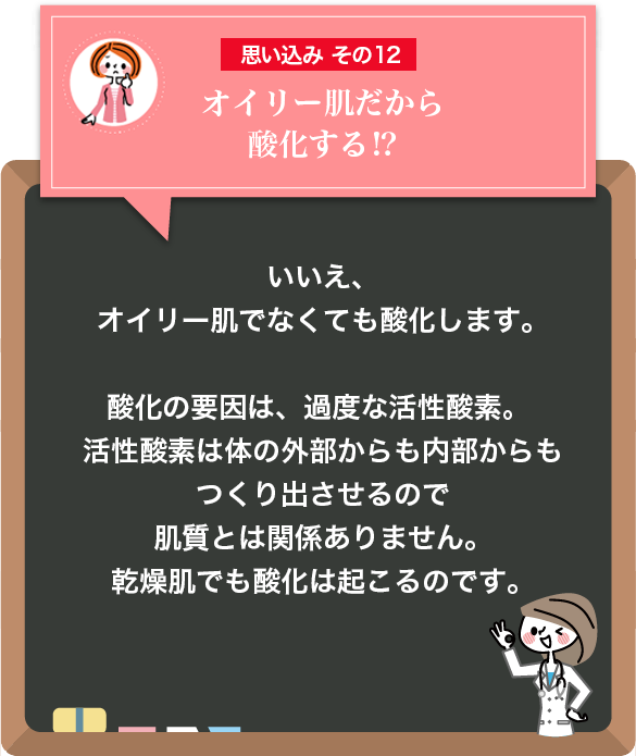 思い込み：オイリー肌だから参加する！？
        答え：いいえ、オイリー肌でなくても酸化します。酸化の原因は、過度な活性酸素。活性酸素は体の外部からも内部からもつくり出させるので肌質とは関係ありません。乾燥肌でも酸化は起こるのです。