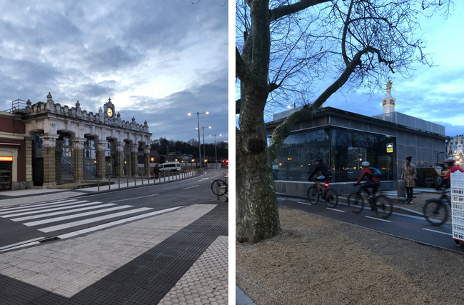 駅舎（左上写真）と道路を挟みガラス張りの建物が入口になります。（右上写真）