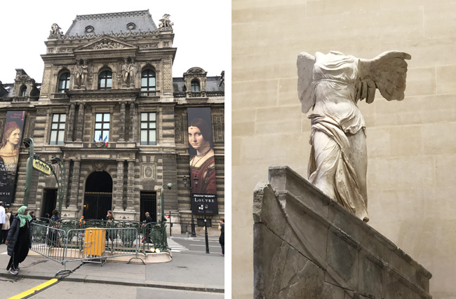 美術館（左上画像）に入って中央の上り階段の正面に、有名な顔のない天使（右上画像）が出迎えてくれます。