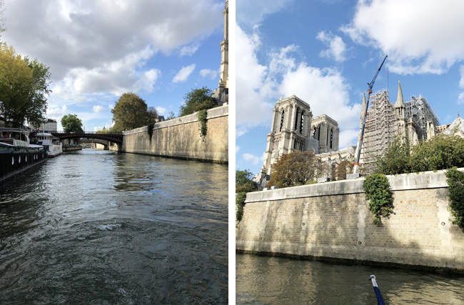セーヌ川をクルーズ（左上画像）中、ノートルダム大聖堂（右上画像）も見えます。
